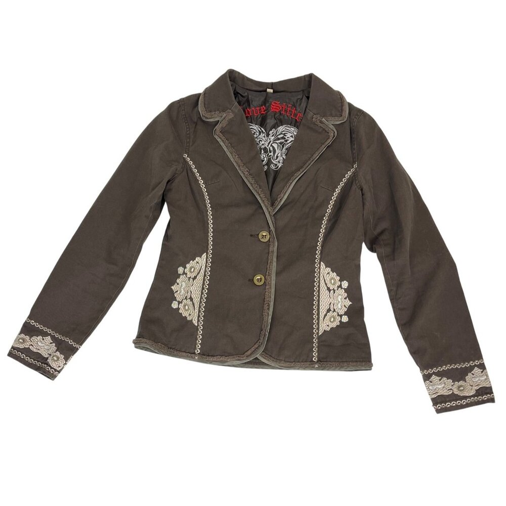 Love Stitch Embroidered Fitted Jacket Blazer Brown Women's Sz. M